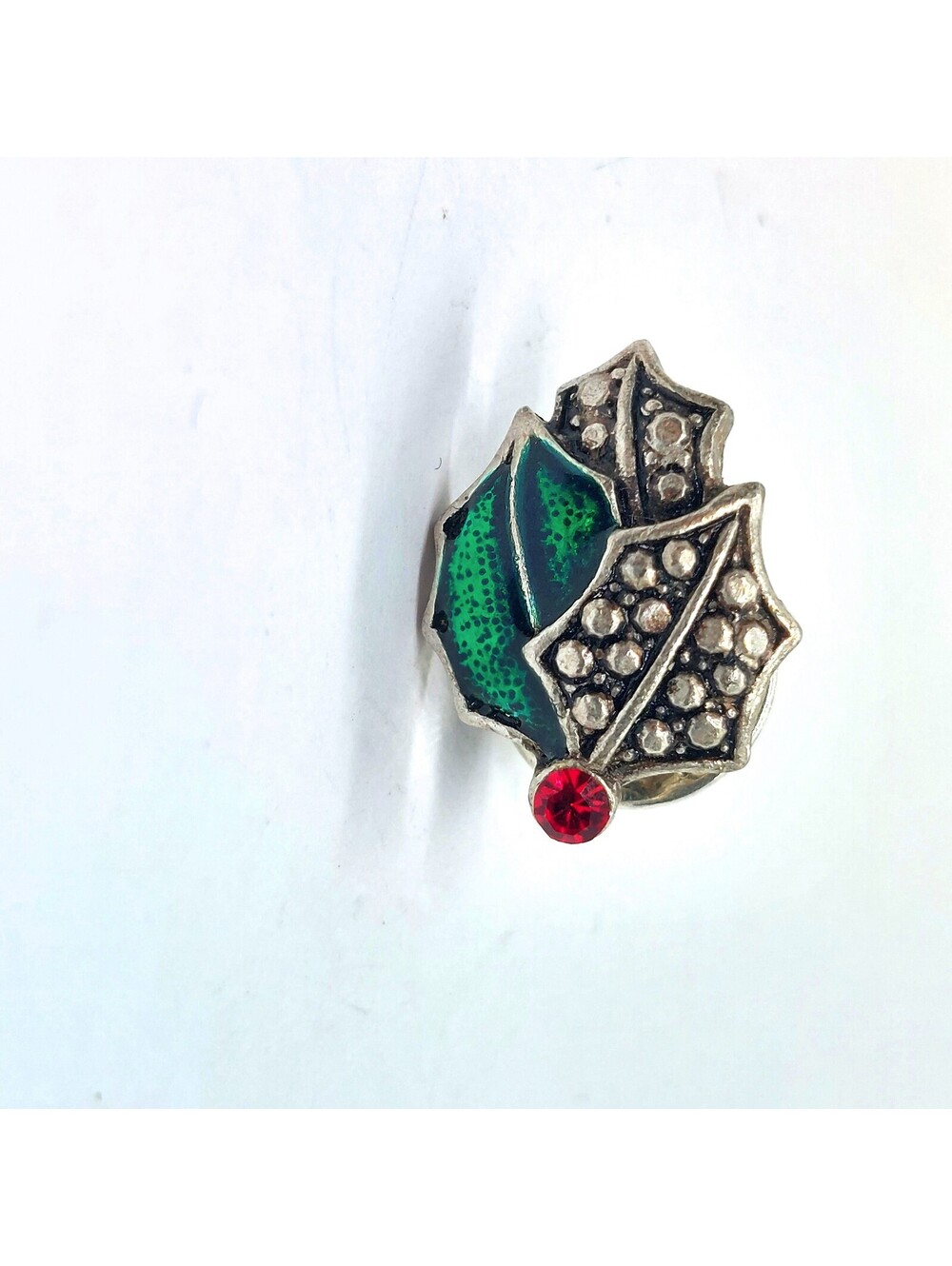 Vintage Holly Leaves Pin Christmas Rhinestones Enamel Holiday Lapel Berry